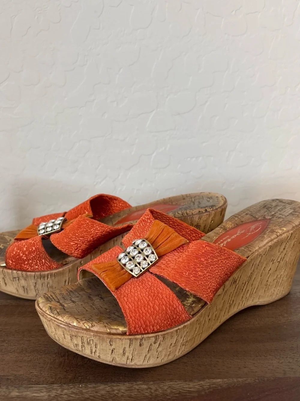 Vintage Degario Women's Orange Platform Wedge Slides with Rhinestone 8.5 USA